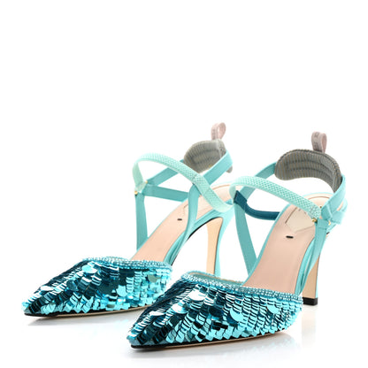 Fendi Organza Sequin Paillettes Colibri Lite 85mm Slingback Pumps 37 Nudo Blue Tiffany 3 of 9