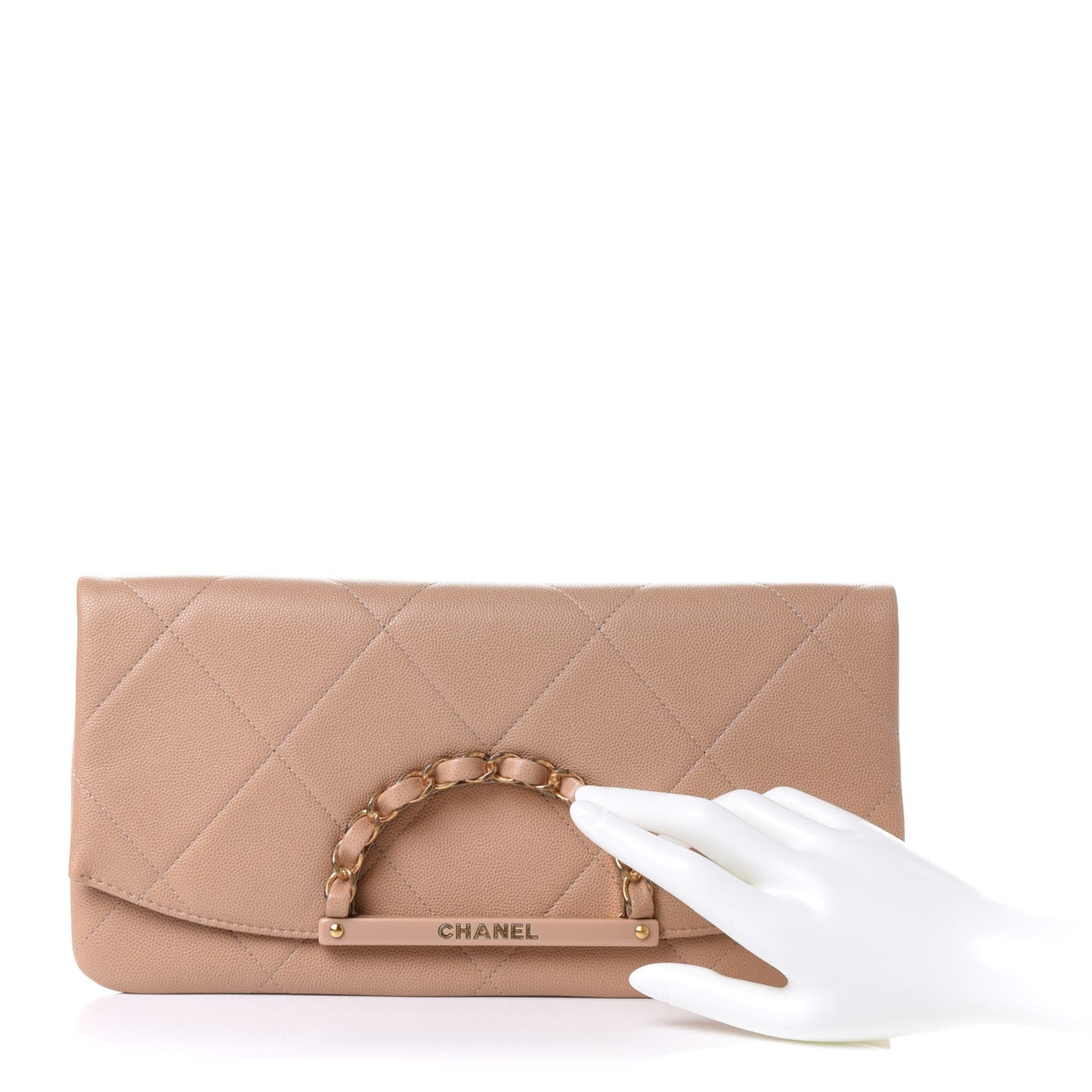 Caviar Quilted Woven Chain Handle Flap Clutch Beige
