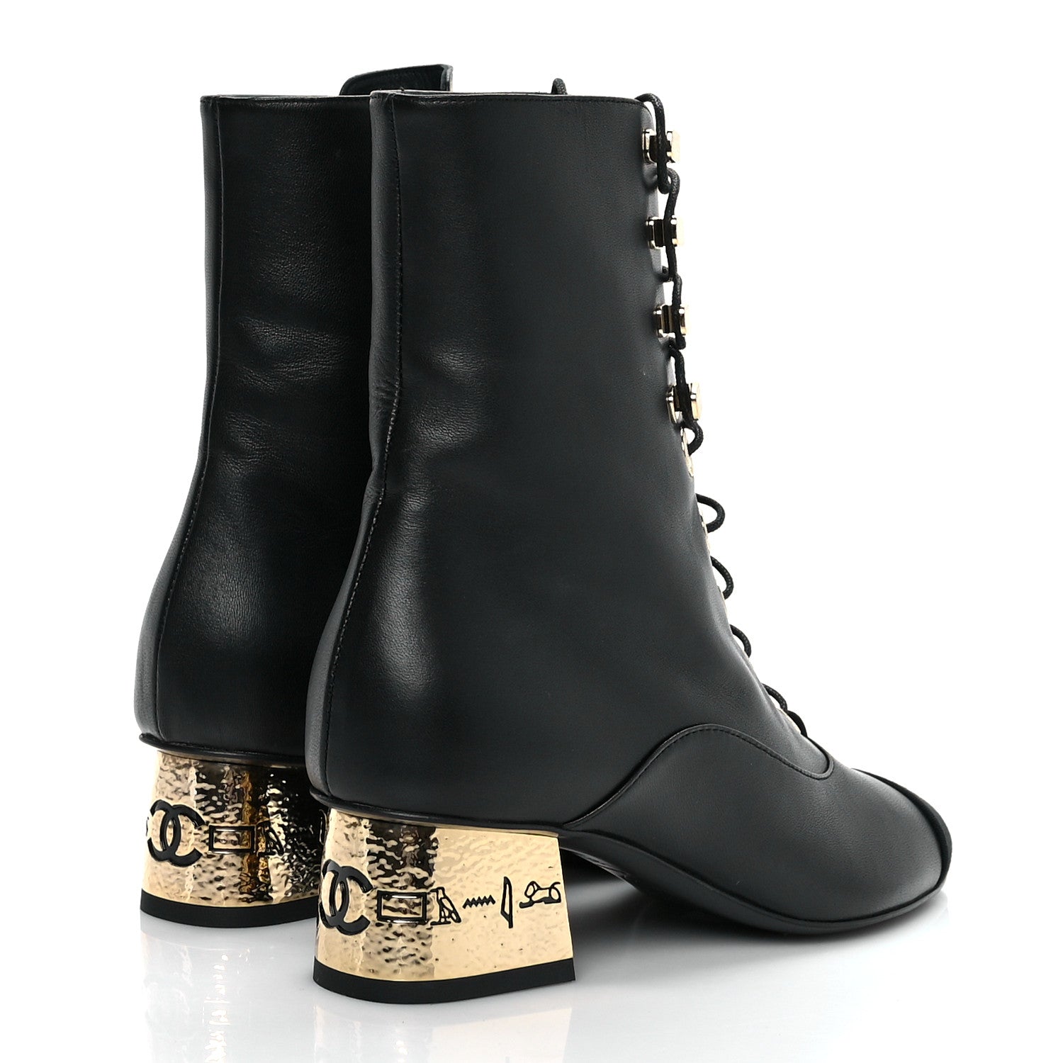 Chanel Lambskin Grosgrain Cap Toe Egyptian Amulet CC Lace Up Boots 35 Black 4 of 10