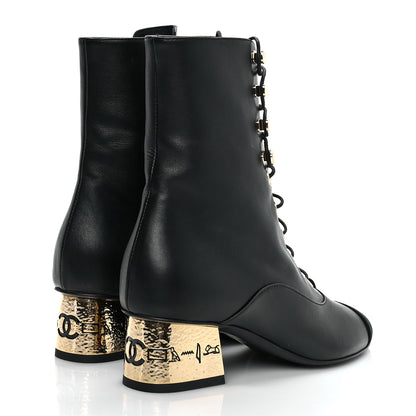 Chanel Lambskin Grosgrain Cap Toe Egyptian Amulet CC Lace Up Boots 35 Black 4 of 10