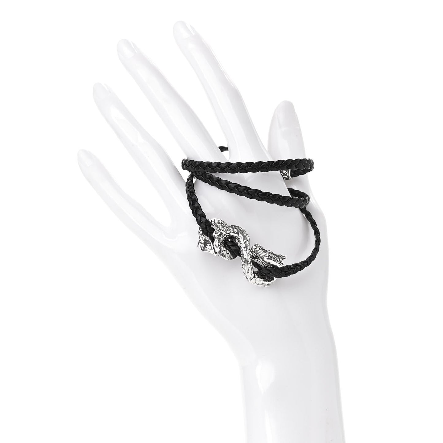 Sterling Silver Leather Naga Dragon Triple Wrap Bracelet Black