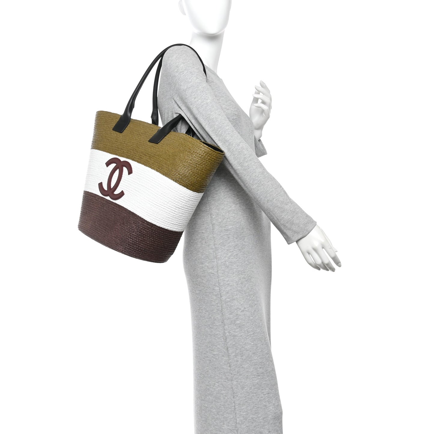 Raffia Calfskin Maxi Shopping Bag Khaki White Brown