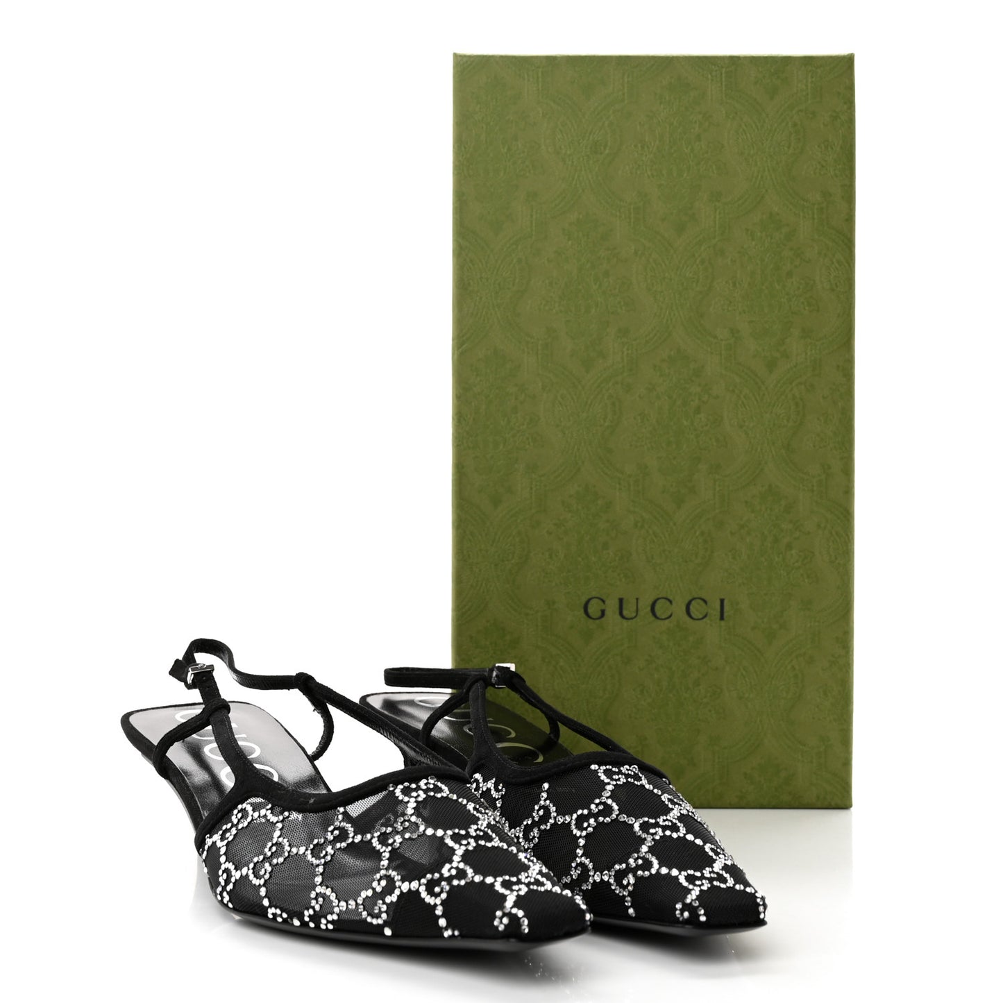 Tela Retino Kid Scamosciato Crystal GG Monogram Square G 35mm Slingback Pumps 41 Black