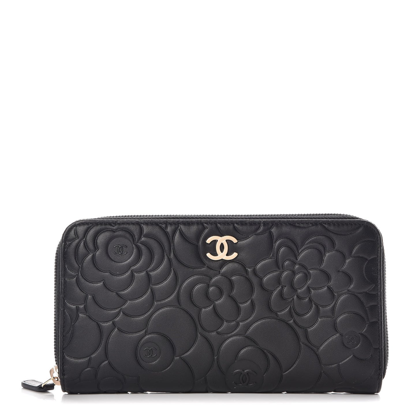 Lambskin Camellia Embossed Large Zip Around Gusset Wallet Black
