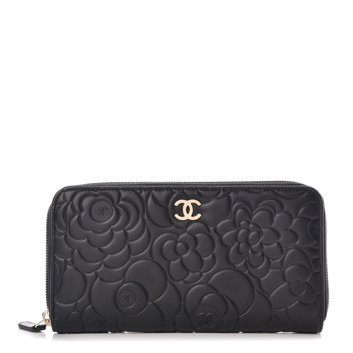 Chanel Lambskin Camellia Embossed Large Zip Around Gusset Wallet Black 1 of 11