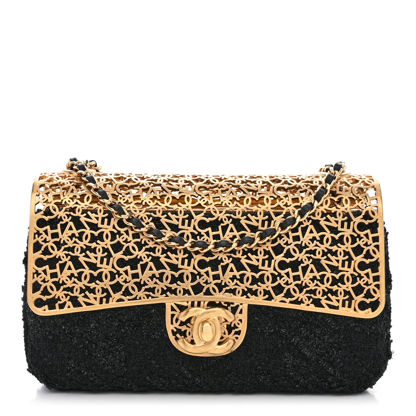 Metal Tweed Logo CC Minaudiere Flap Bag Black Gold