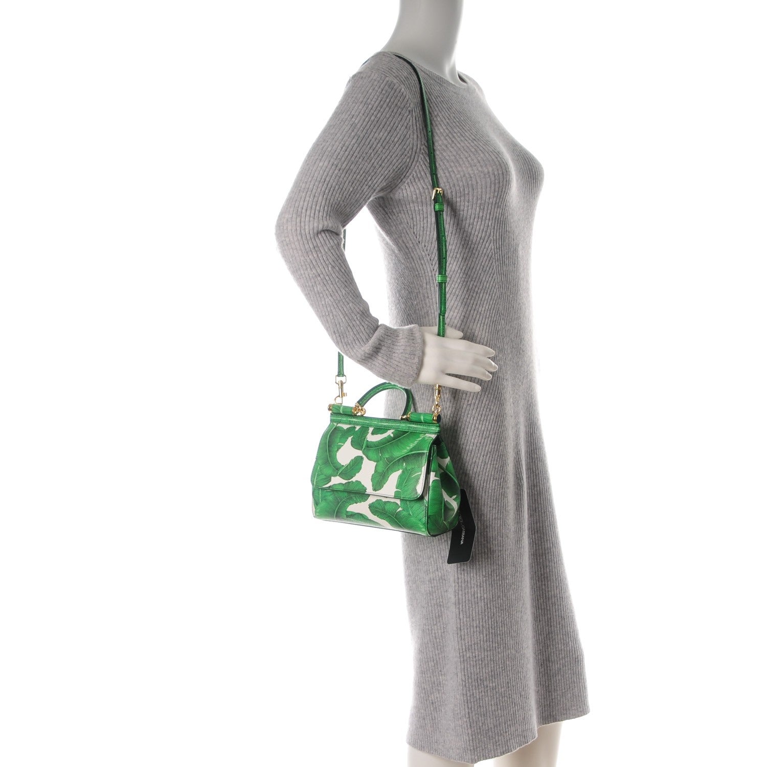 Dolce & Gabbana Dauphine Banana Leaf Print Small Miss Sicily Satchel Green White 2 of 7