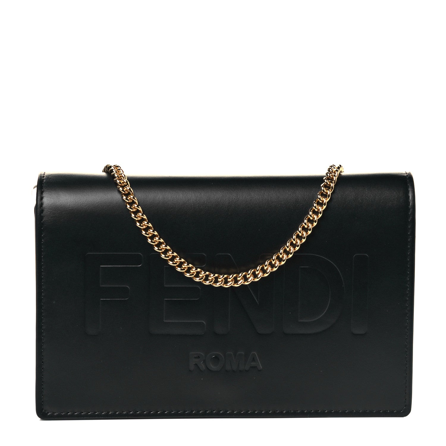 Fendi Vitello King Tamponato Logo Embossed Medium Wallet On Chain Black 1 of 9