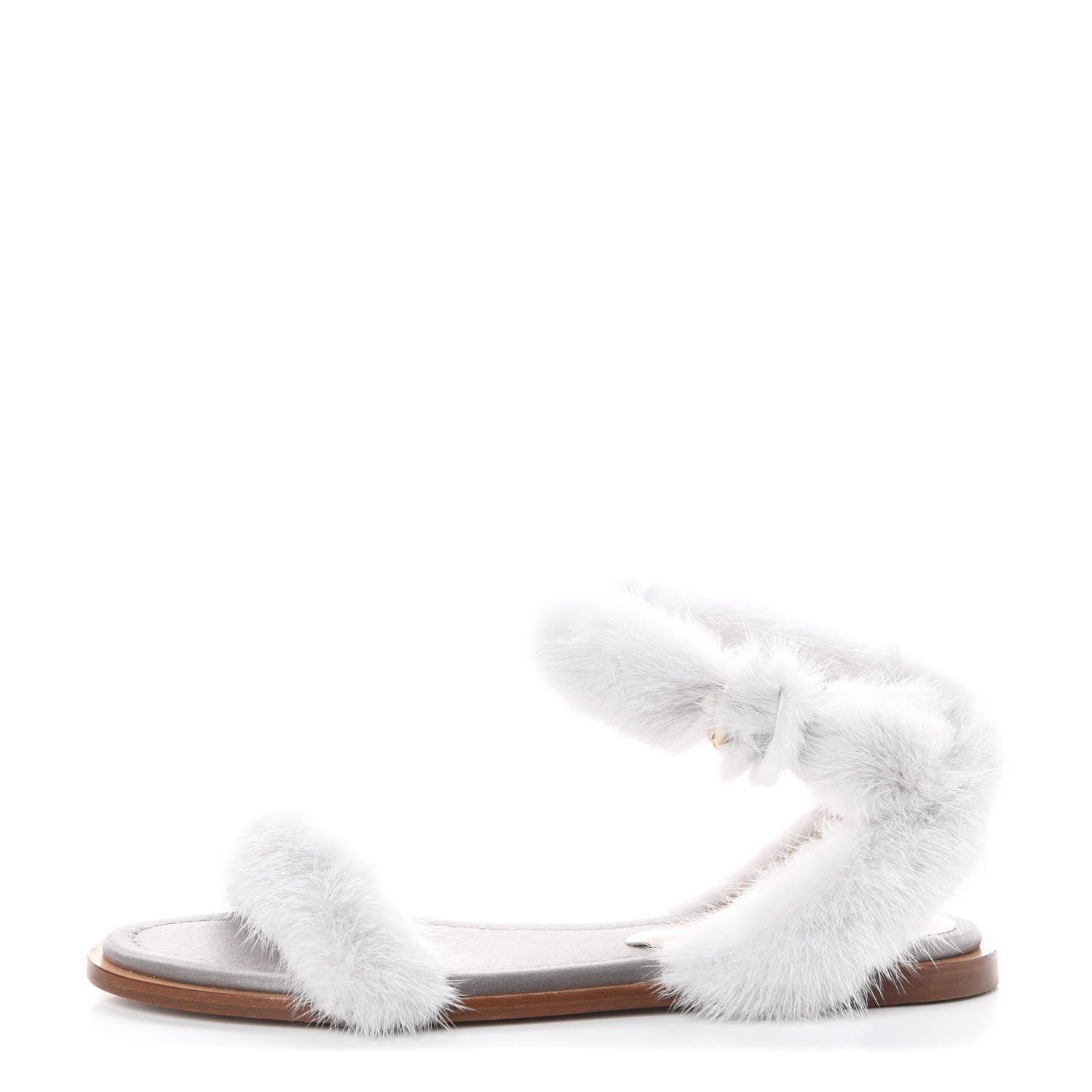 Valentino Garavani Mink Fur Ankle Wrap Flat Sandals 37.5 Grey 1 of 10