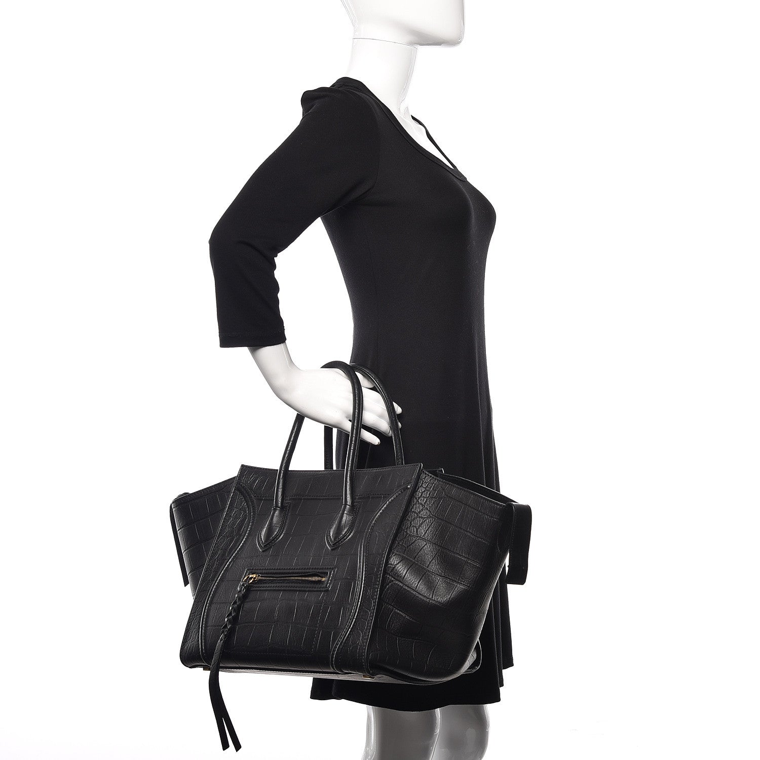 Celine Calfskin Crocodile Embossed Medium Phantom Luggage Black 2 of 10