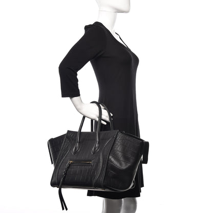 Celine Calfskin Crocodile Embossed Medium Phantom Luggage Black 2 of 10