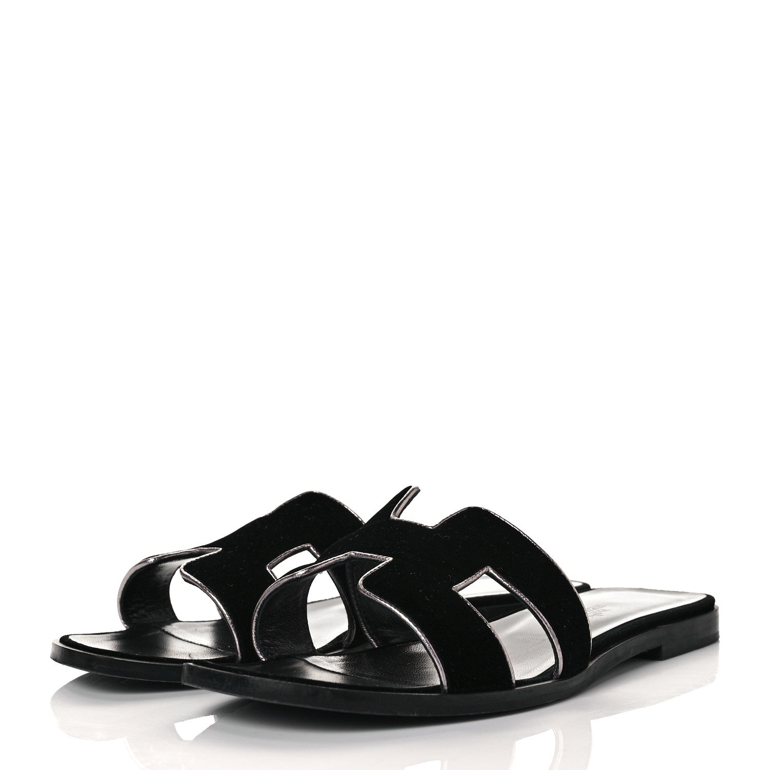 Hermes Velvet Nappa Oran Sandals 37.5 Black Argent Vieilli 3 of 8