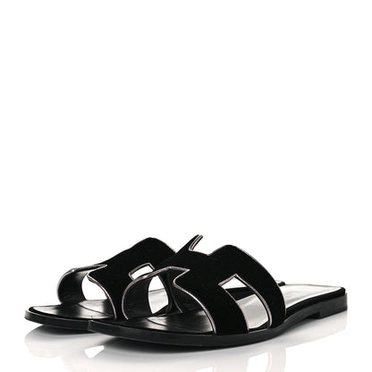 Hermes Velvet Nappa Oran Sandals 37.5 Black Argent Vieilli 3 of 8