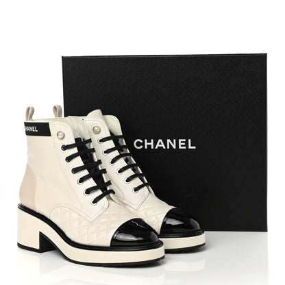 Chanel Pearly Calfskin Patent Calfskin Quilted Lace Up Boots 39 White Light Gray Black 11 of 11