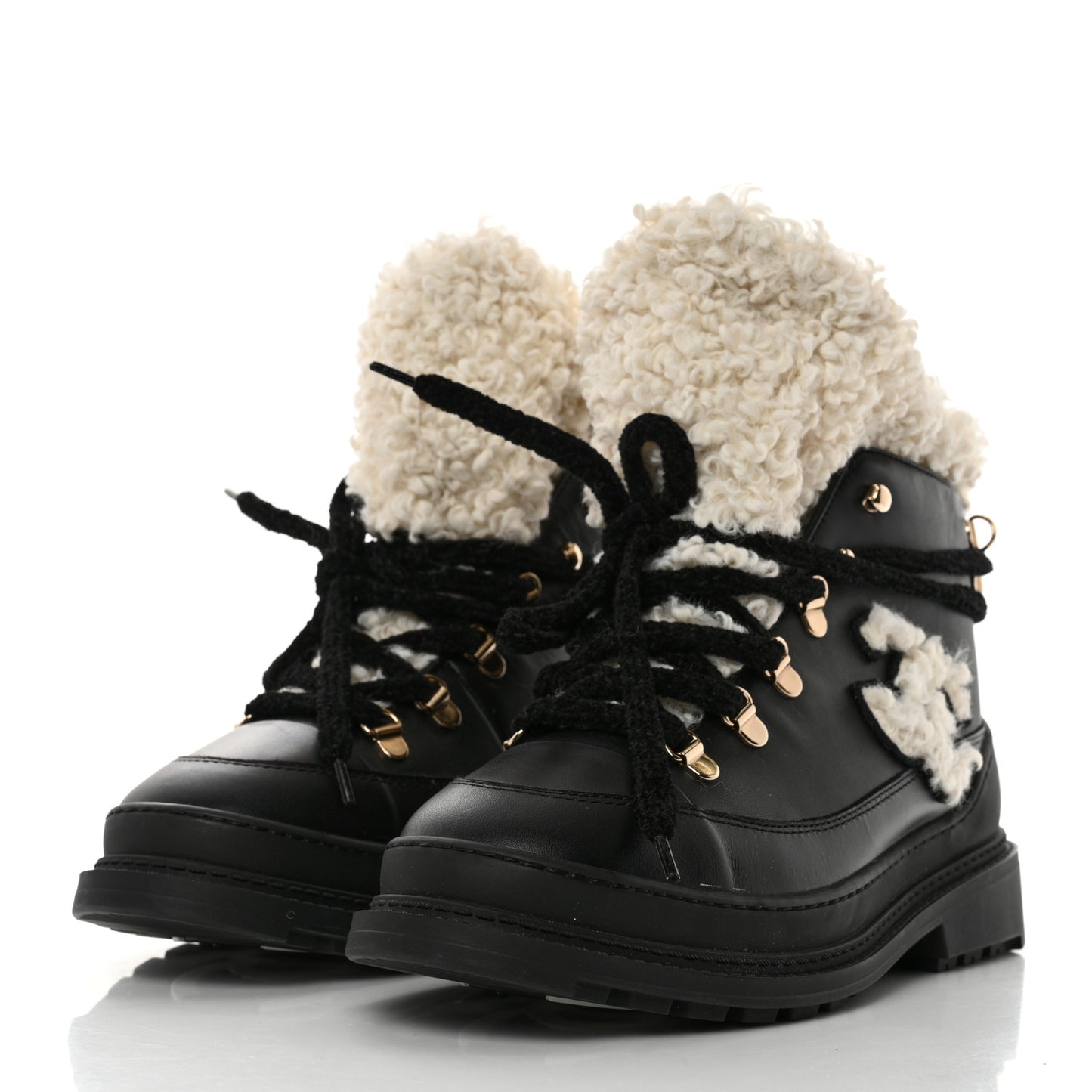 Calfskin Shearling CC Lace Up Boots 38 Black