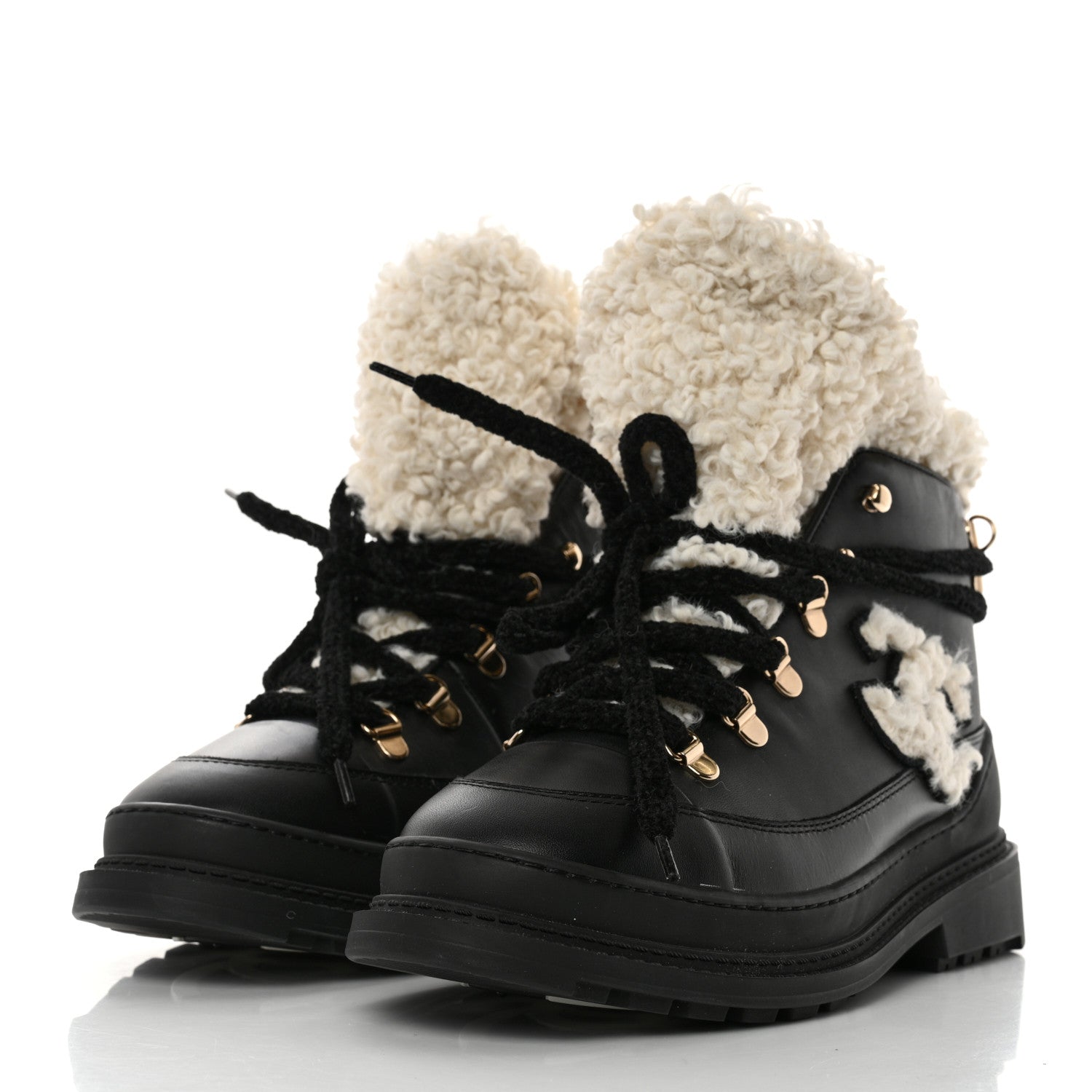 Chanel Calfskin Shearling CC Lace Up Boots 38 Black 3 of 8