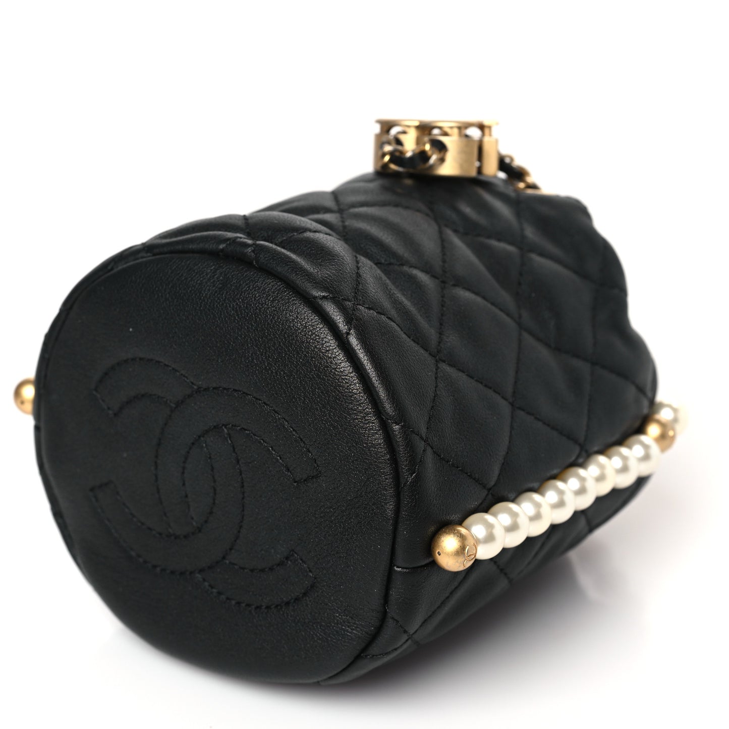 Calfskin Quilted Pearl Mini About Pearls Drawstring Bucket Bag Black