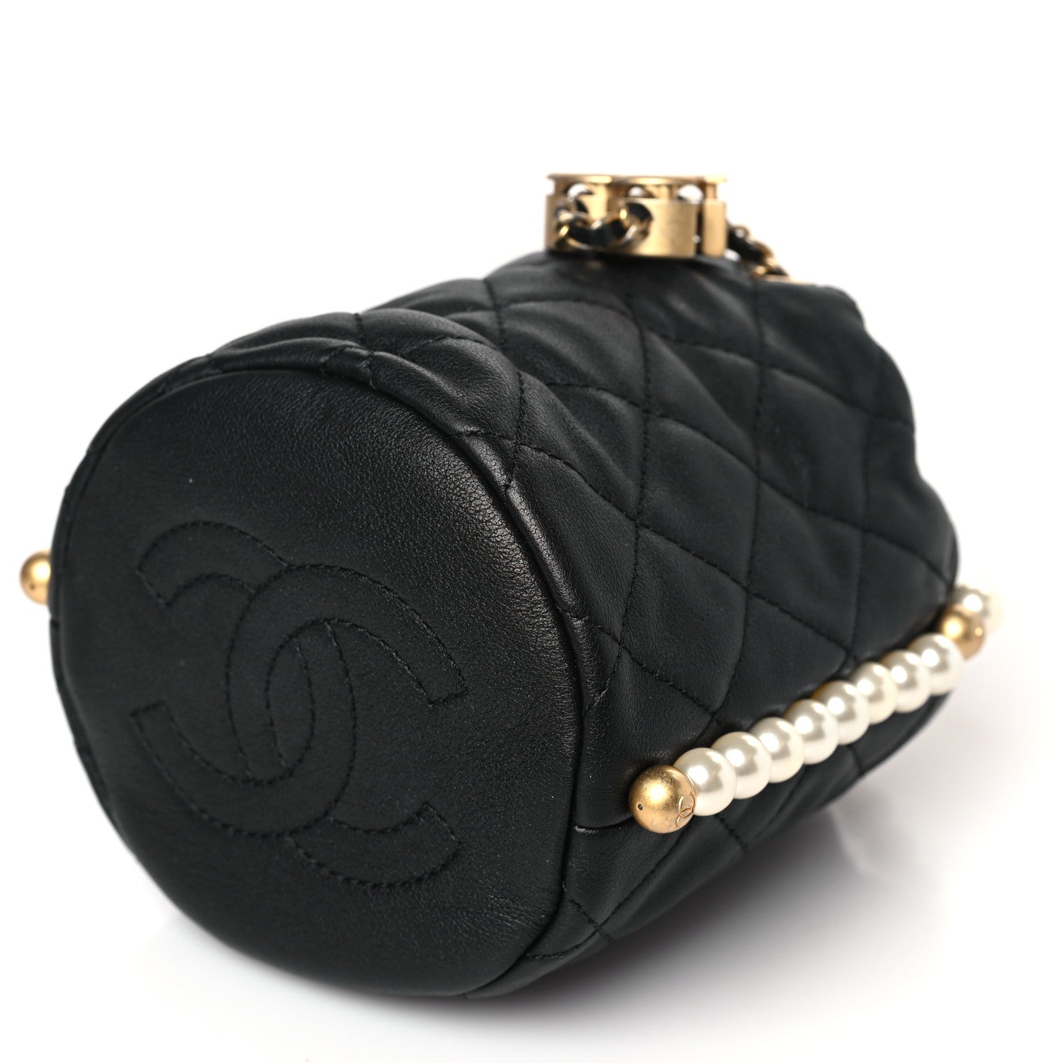 Chanel Calfskin Quilted Pearl Mini About Pearls Drawstring Bucket Bag Black 9 of 9
