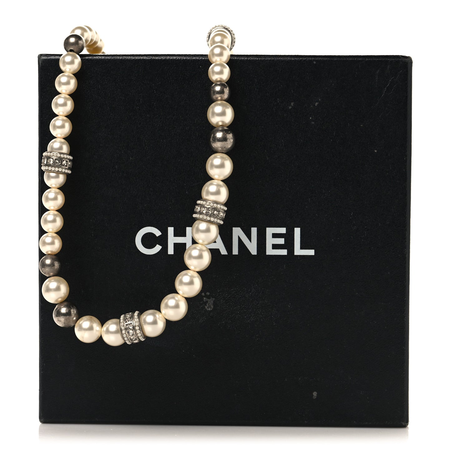 Graduated Pearl Crystal CC Long Necklace Silver