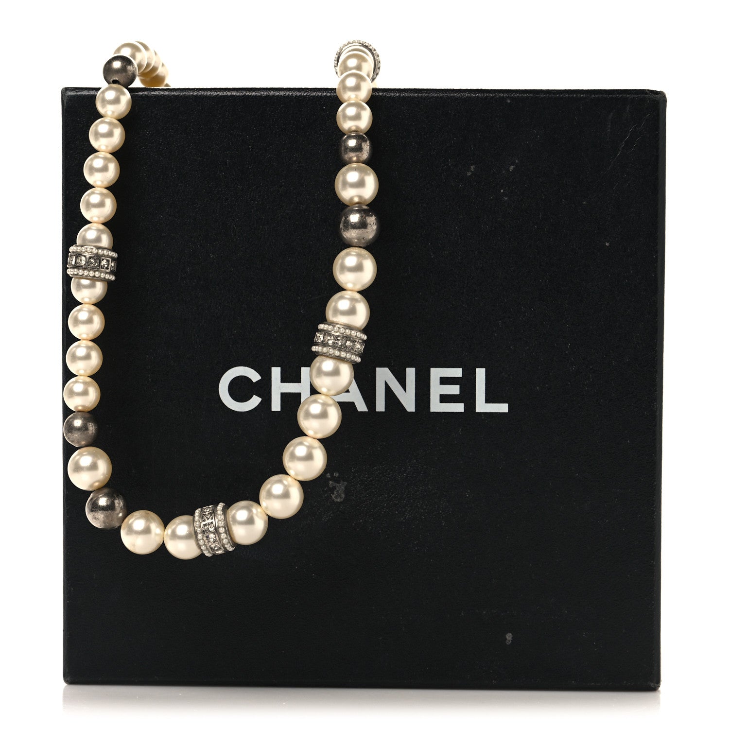 Chanel Graduated Pearl Crystal CC Long Necklace Silver 5 of 5