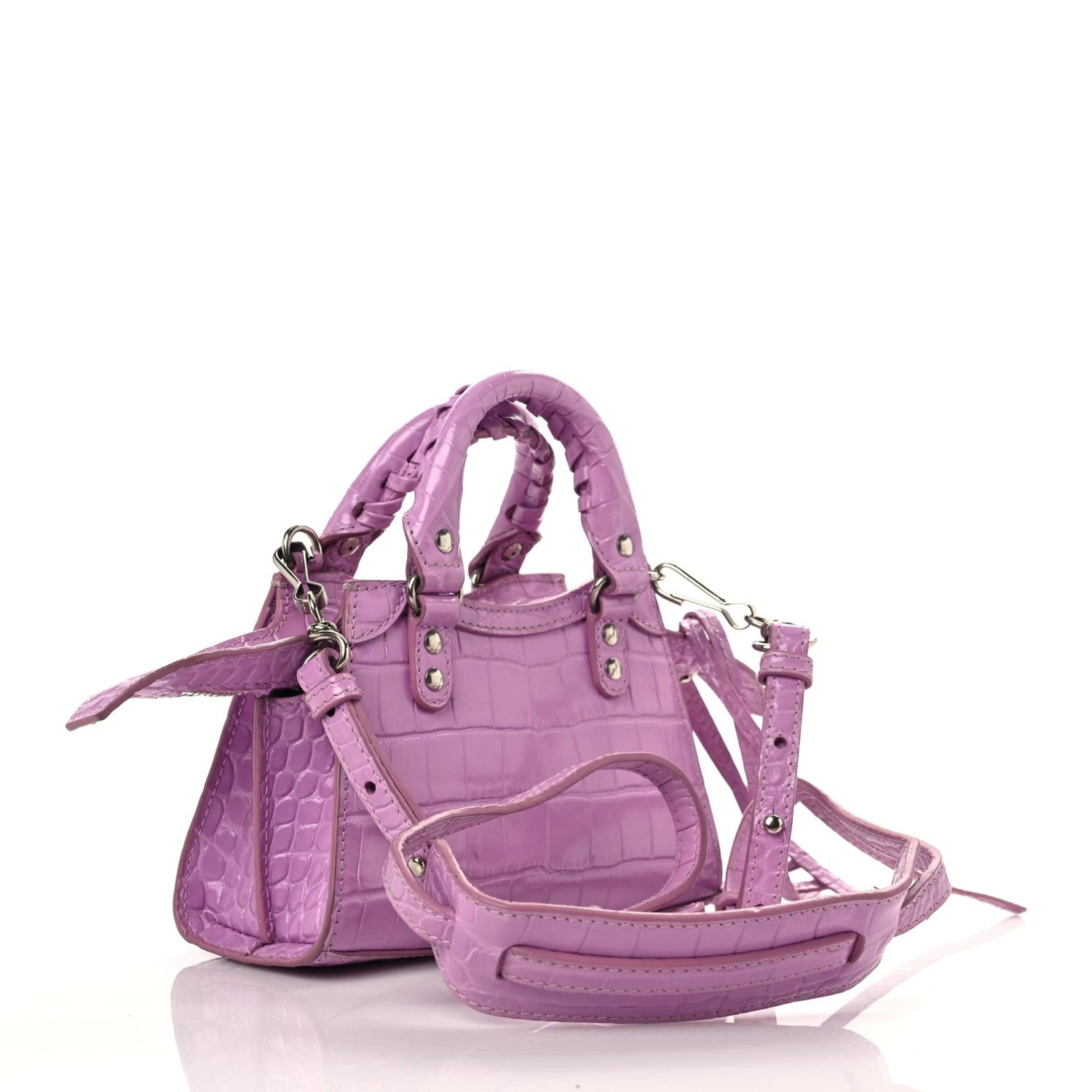 Balenciaga Calfskin Crocodile Embossed Neo Classic Silver Hardware Nano City Crossbody Lilac 3 of 14