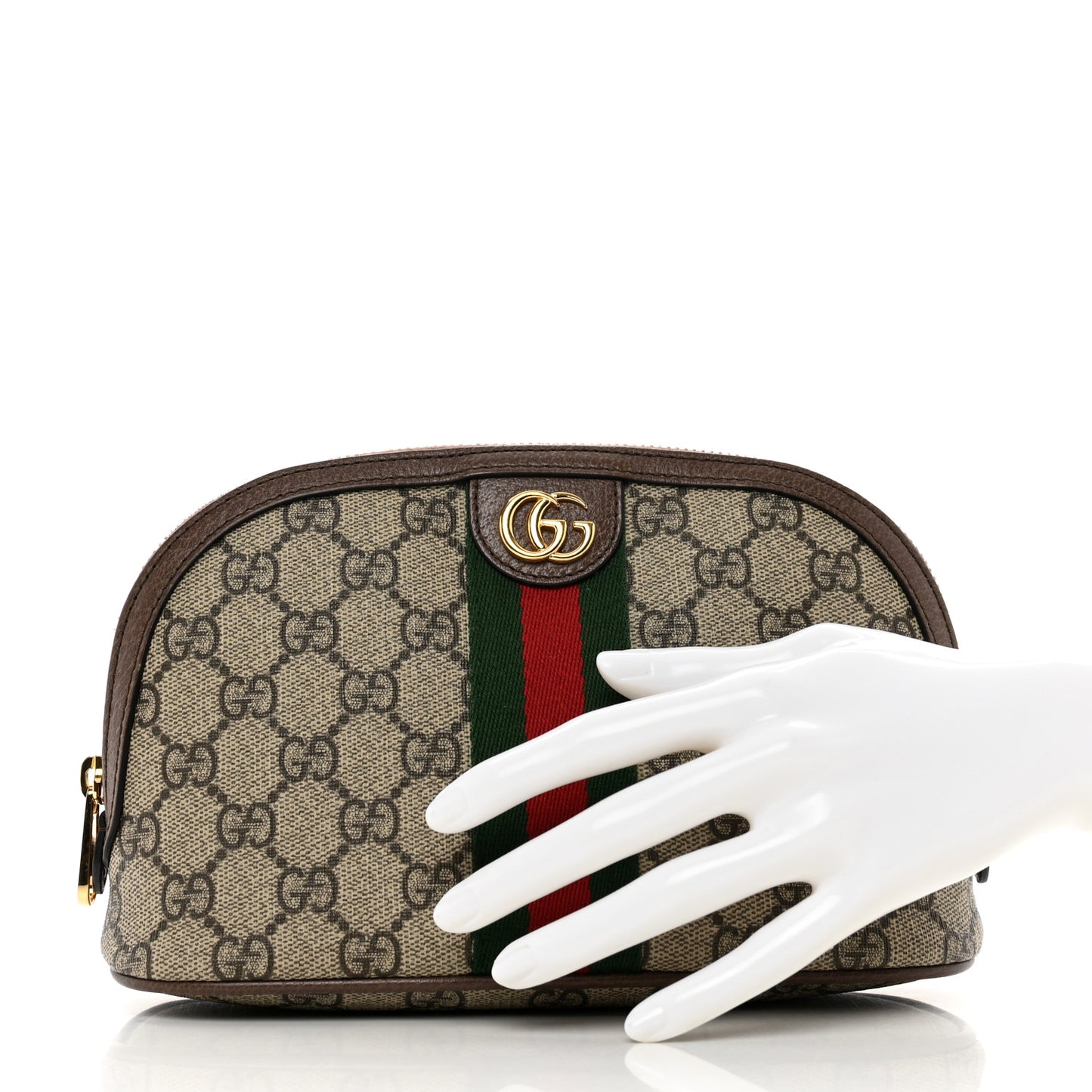 GG Supreme Monogram Textured Calfskin Web Large Ophidia Cosmetic Case Beige Ebony New Acero