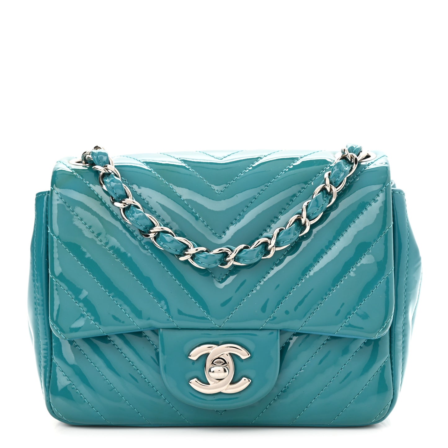 Patent Calfskin Chevron Quilted Mini Square Flap Blue