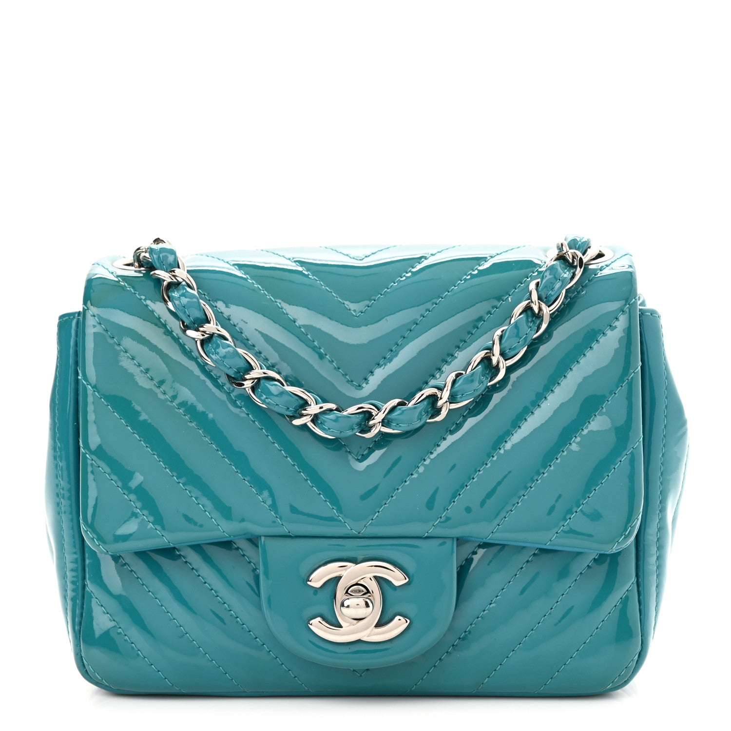 Chanel Patent Calfskin Chevron Quilted Mini Square Flap Blue 1 of 10