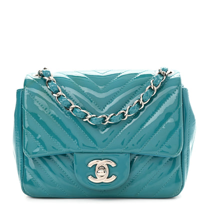 Chanel Patent Calfskin Chevron Quilted Mini Square Flap Blue 1 of 10