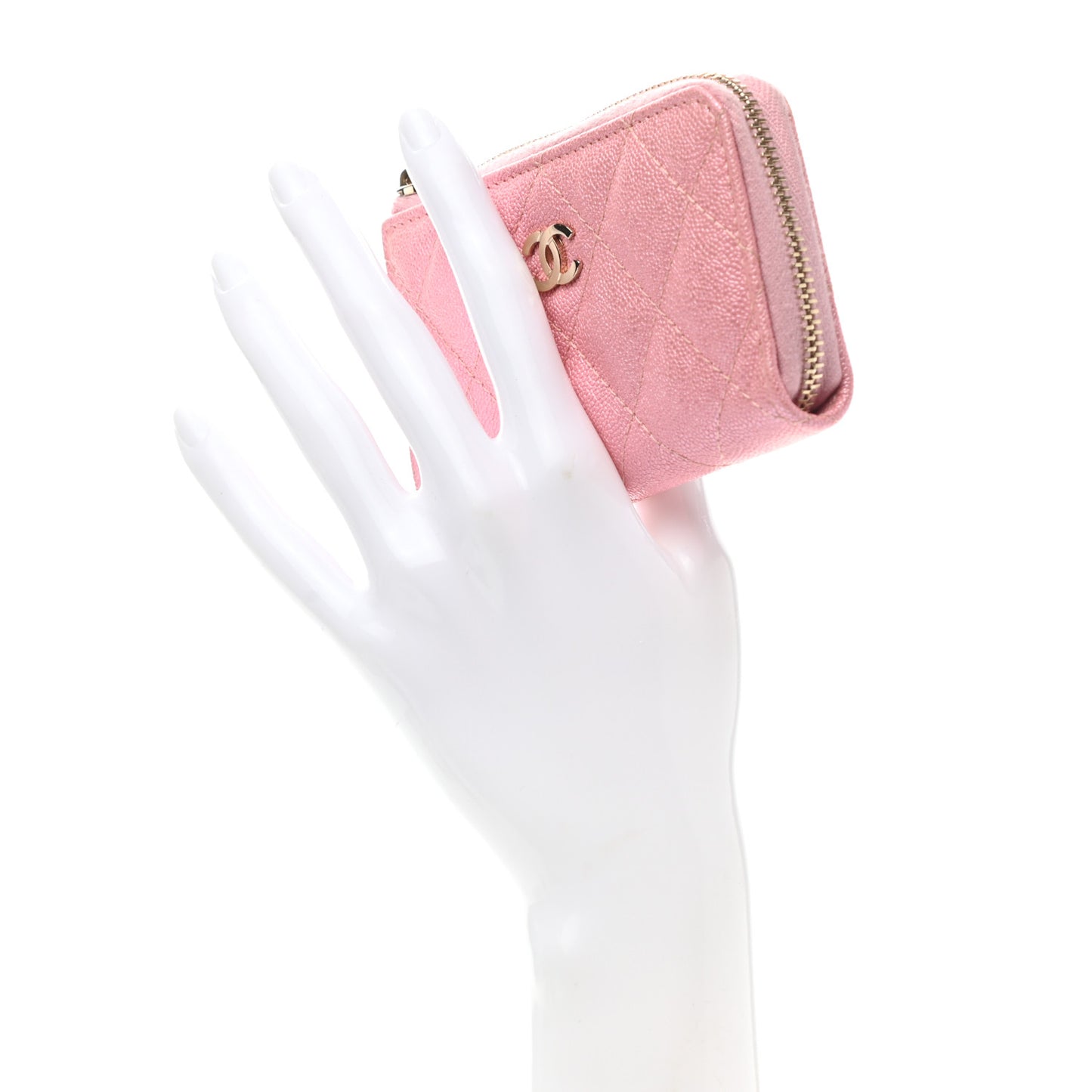 Iridescent Caviar Quilted Zipped Key Holder Case Rose Pink