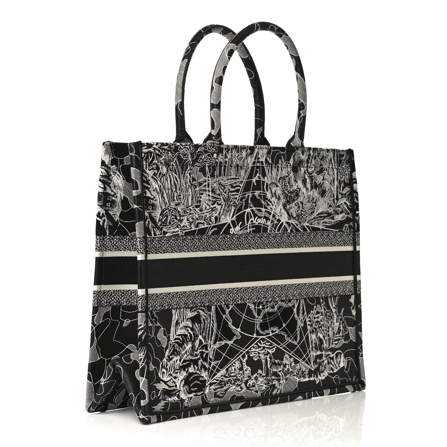 Christian Dior Canvas Embroidered Large Around The World Book Tote Black White 2 of 9