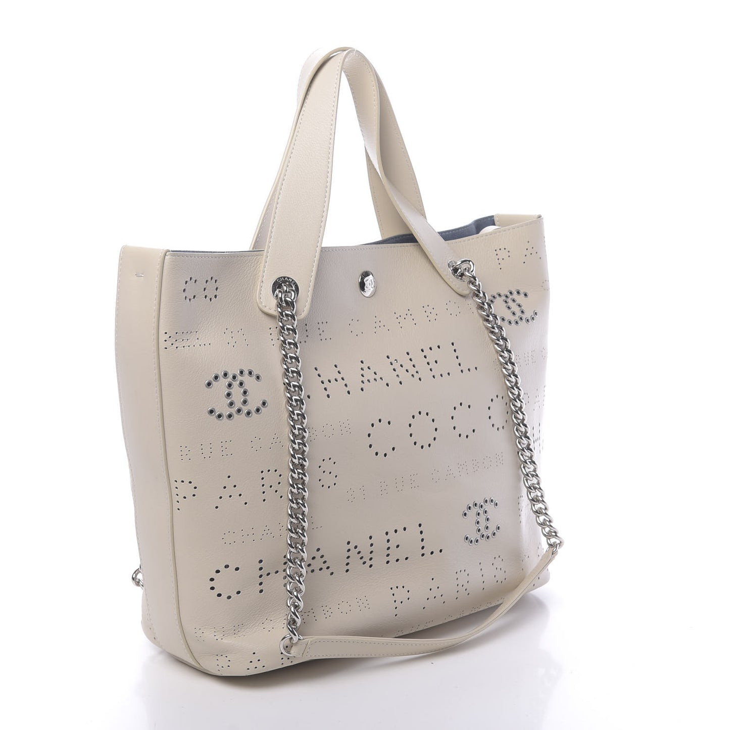 Calfskin Tweed Small Logo Eyelets Shopping Tote Beige