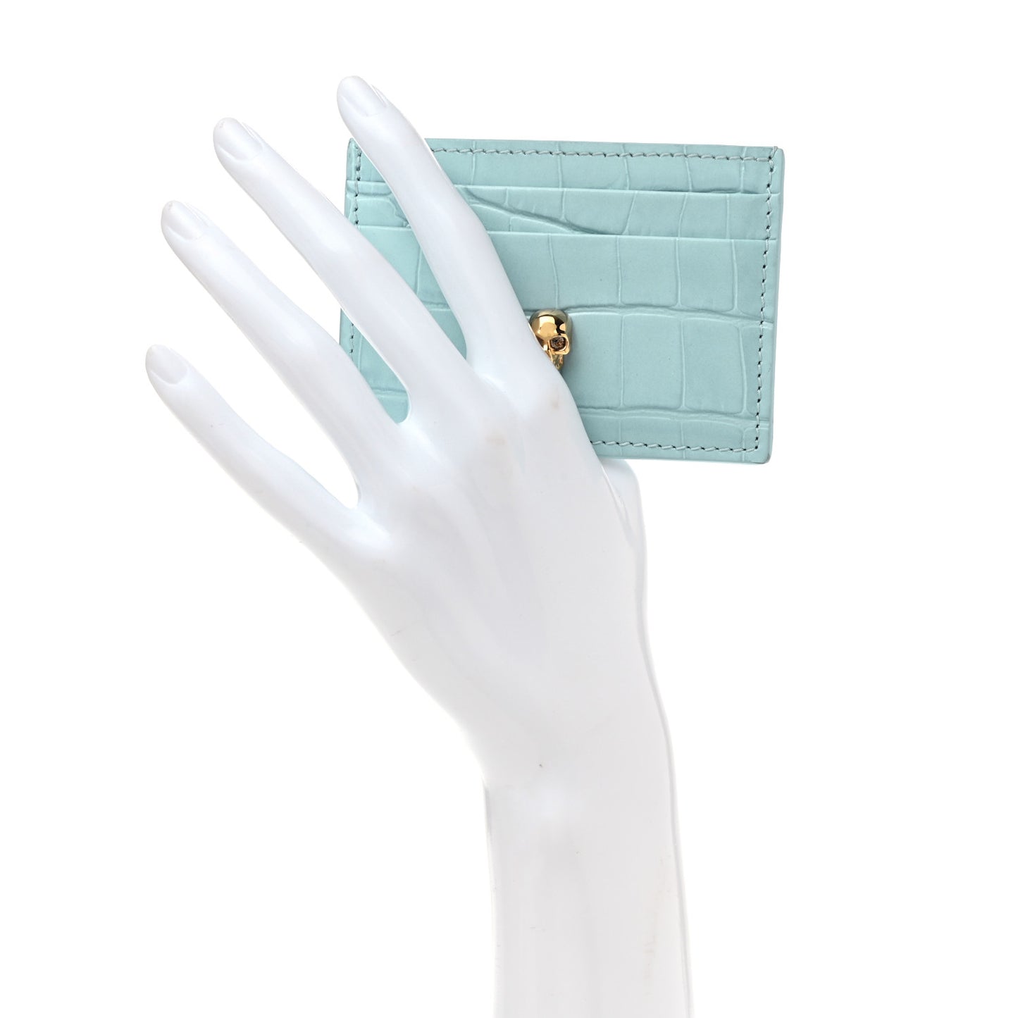 Shiny Calfskin Crocodile Embossed Skull Card Holder Pale Blue