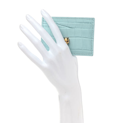 Alexander McQueen Shiny Calfskin Crocodile Embossed Skull Card Holder Pale Blue 2 of 7