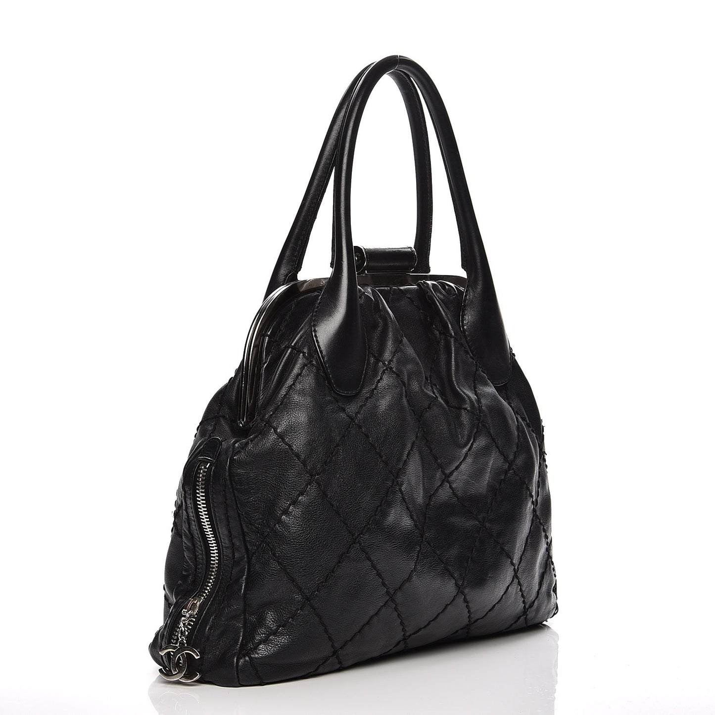 Calfskin Stitched Expandable Frame Bag Black