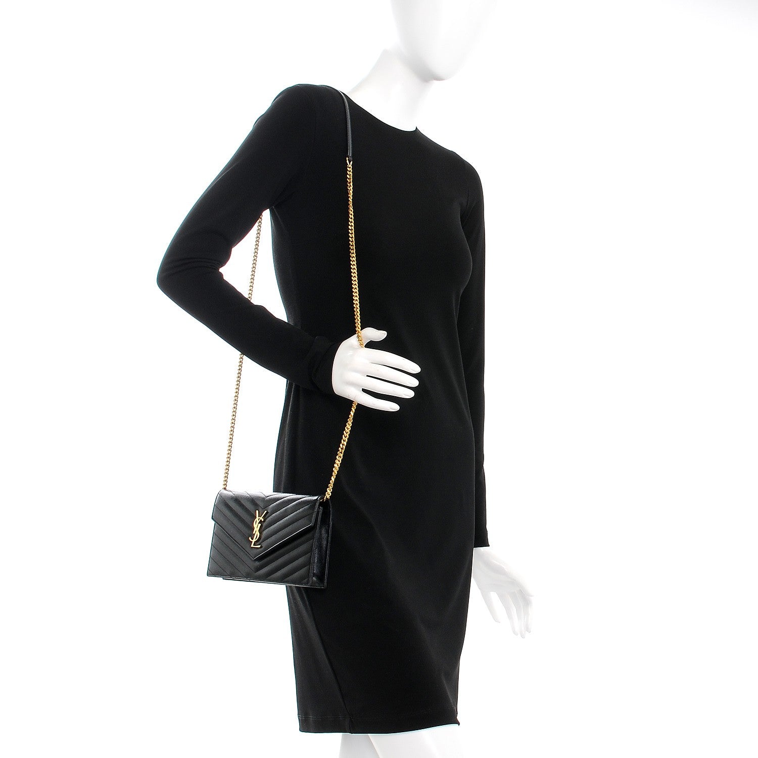 Saint Laurent Grain De Poudre Matelasse Chevron Monogram Envelope Chain Wallet Black 2 of 10