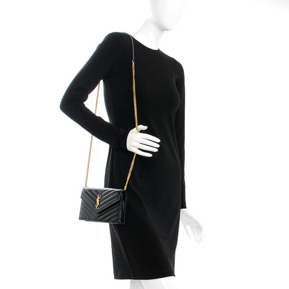 Saint Laurent Grain De Poudre Matelasse Chevron Monogram Envelope Chain Wallet Black 2 of 10