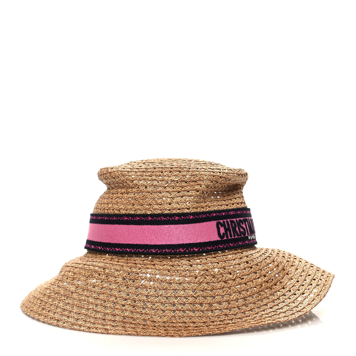 Christian Dior Straw Embroidered D-Bobby Large Brim Hat 56 Natural Fuchsia Black 3 of 7