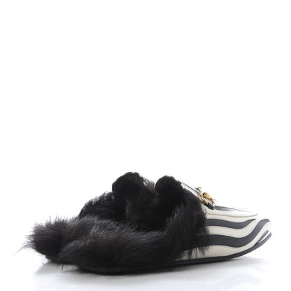 Gucci Malaga Kid Fur Zebra Inlay Womens Princetown Slippers 37 Mystic White Black 4 of 9