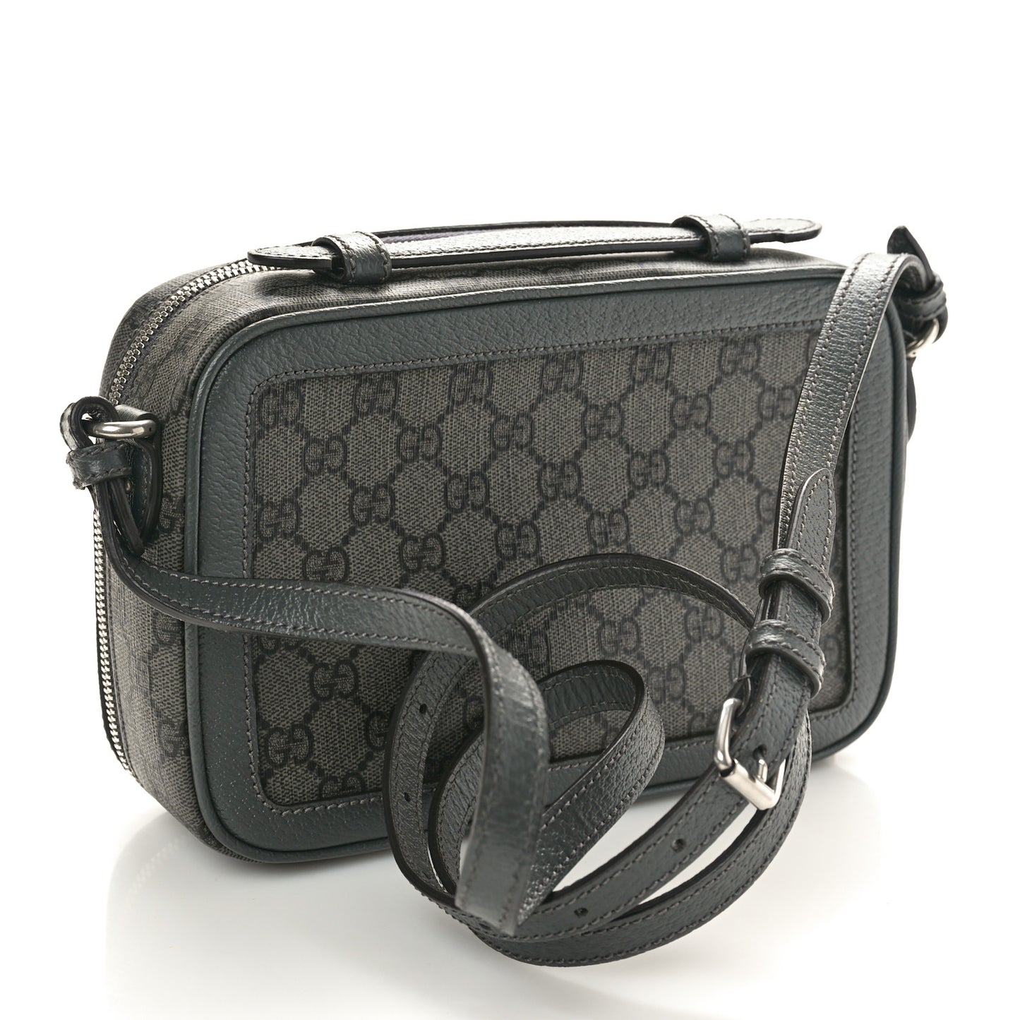 GG Supreme Monogram Textured Dollar Calfskin Small Ophidia Top Handle Shoulder Grey Black Graphite Grey