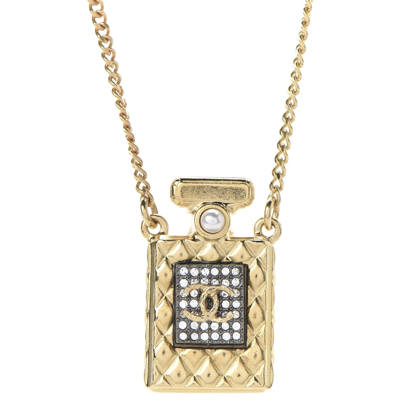 Crystal Pearl Perfume Bottle CC Necklace Gold