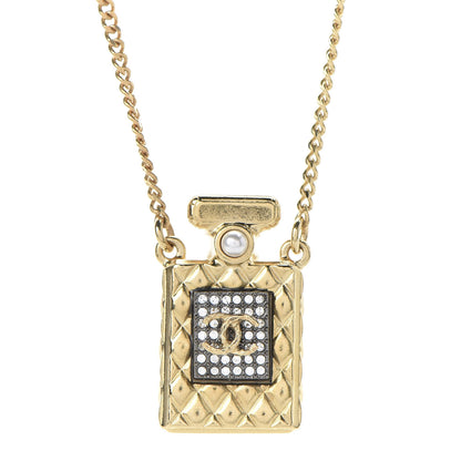 Chanel Crystal Pearl Perfume Bottle CC Necklace Gold 4 of 7