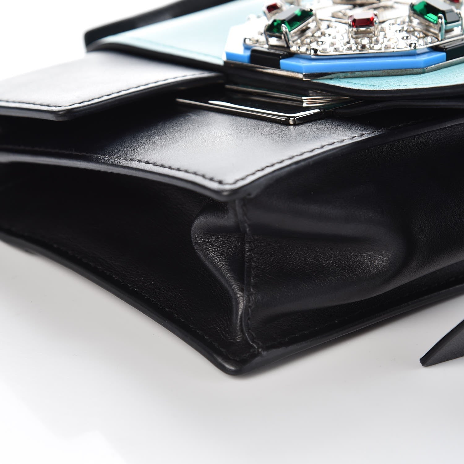 Prada City Calf Crystal Embellished Ribbon Bag Nero Black Jade 10 of 14