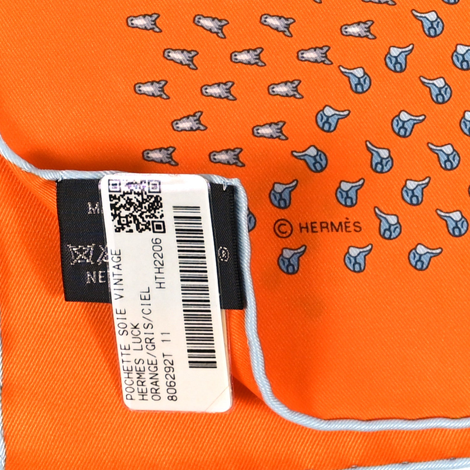 Hermes Silk Vintage Luck Pocket Handkerchief Orange Gris Ciel 3 of 3