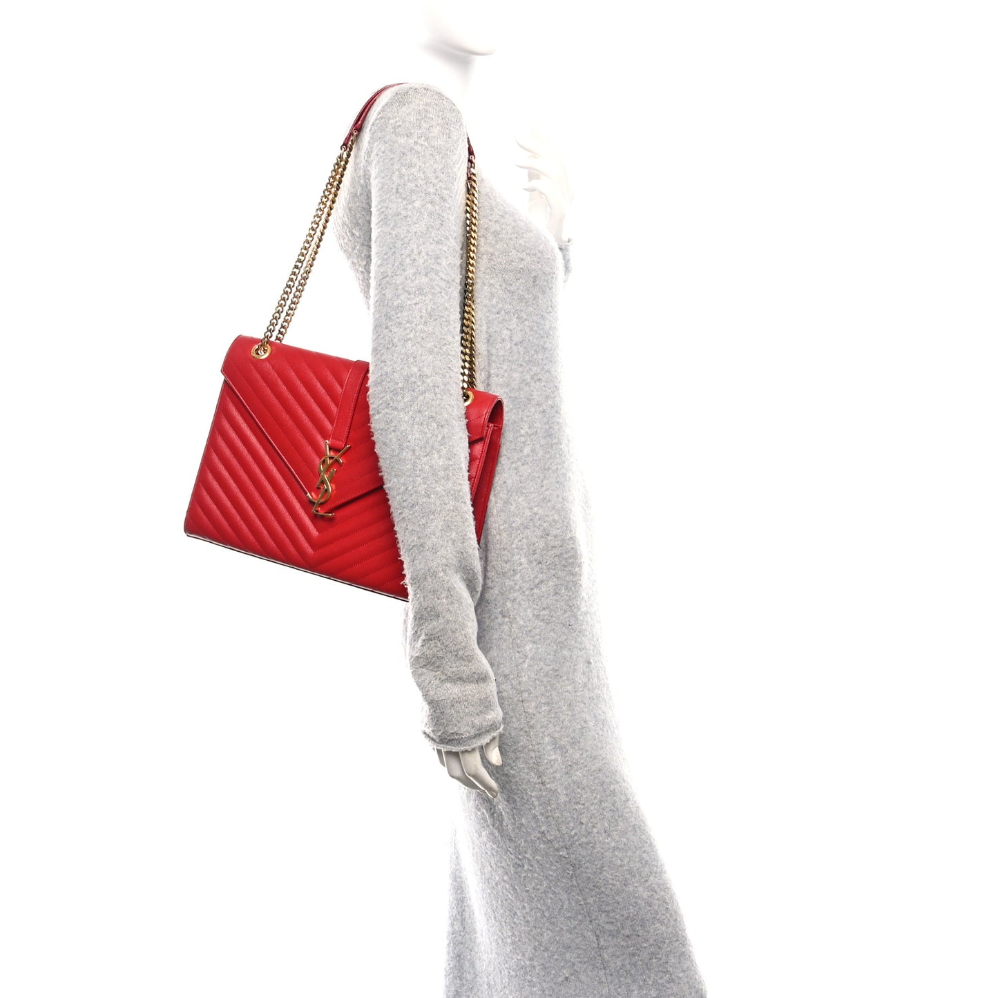 Grain De Poudre Matelasse Chevron Large Monogram Satchel Lipstick Red