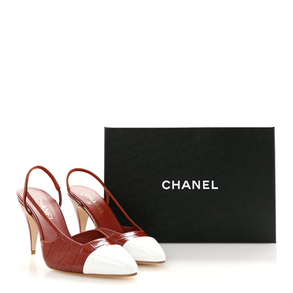 Chanel Calfskin Crocodile Embossed Patent Cap Toe Slingback Pumps 40 Dark Red White 10 of 10