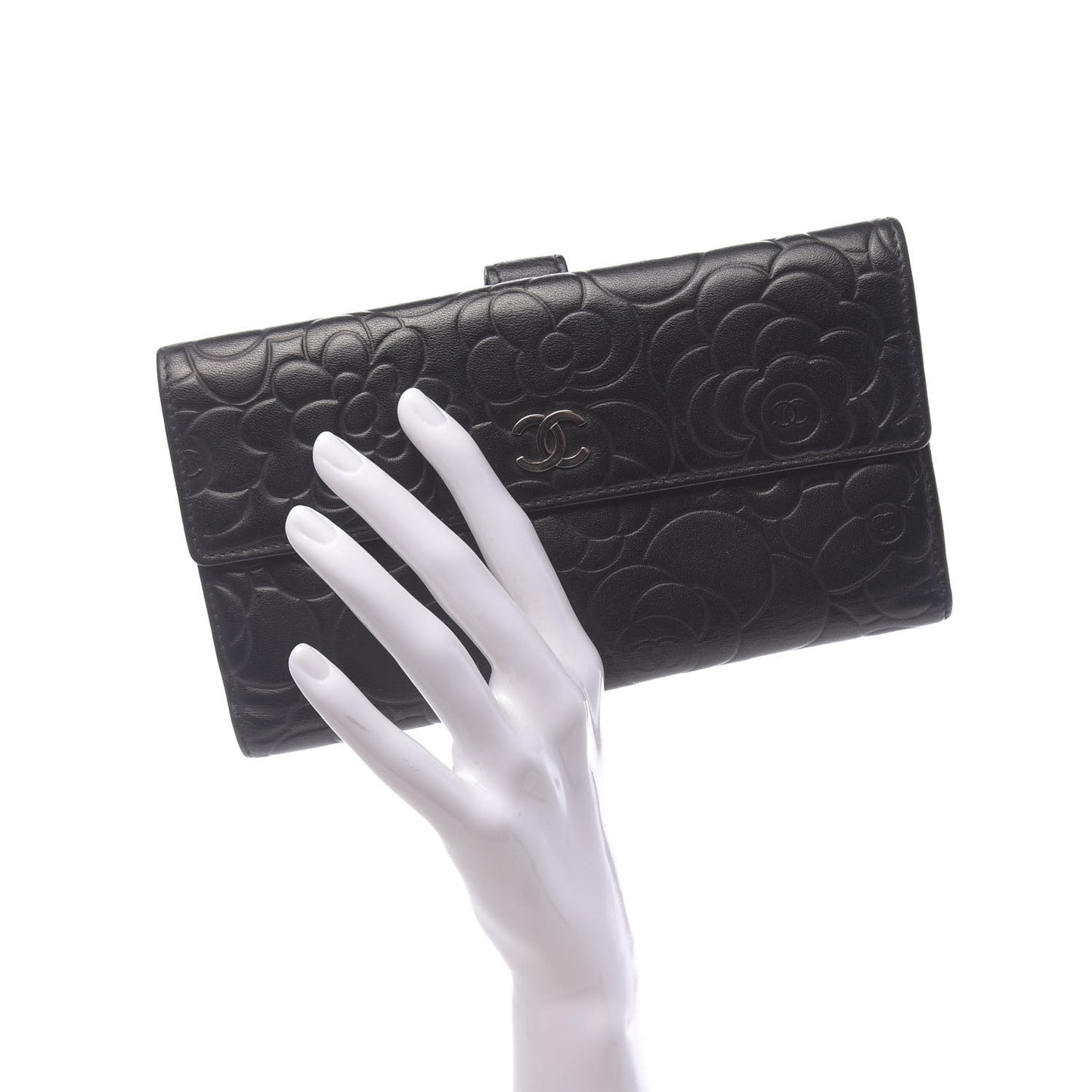 Lambskin Embossed Camellia Large Gusset Flap Wallet Black