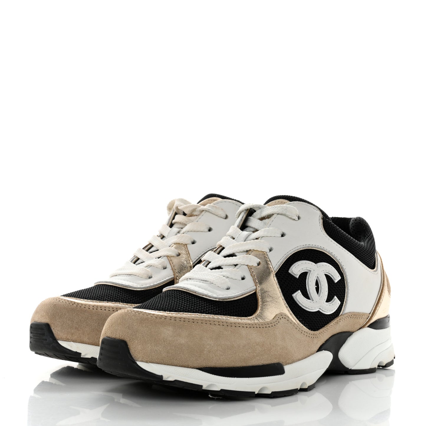 Mesh Suede Calfskin Womens CC Sneakers 38 White Black Beige Gold