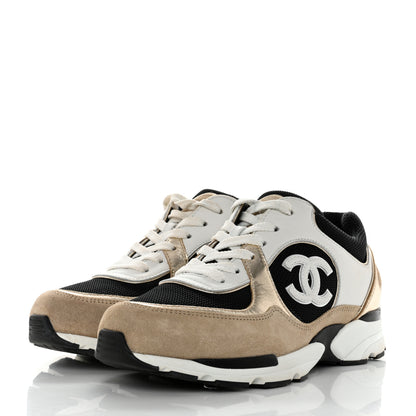 Chanel Mesh Suede Calfskin Womens CC Sneakers 38 White Black Beige Gold 3 of 9