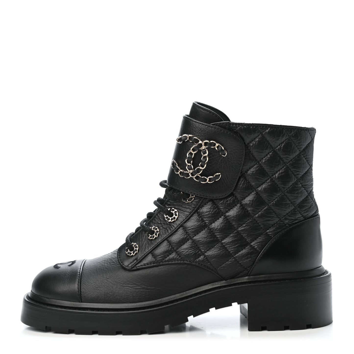 Shiny Goatskin Calfskin Quilted Lace Up Combat Boots 39.5 Black